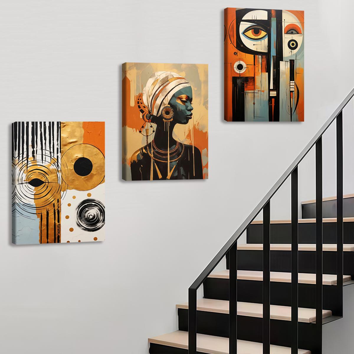 3Pcs Wooden Framed Canvas Painting, African Woman Abstract Geometric Shapes Gold Orange, Exquisite Poster, Home Decoration, Pattern Wall Art Decor, For Living Room, Bedroom, Office, Restaurant, Bar Wall Decor, Odorless, Painting, Print Artwork