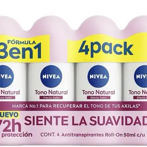 Nivea Satin Effect 4Pack 4 Roll-On Antiperspirant 3en1 Tono Natural Efecto Satin 72hr Protection 50ml Each