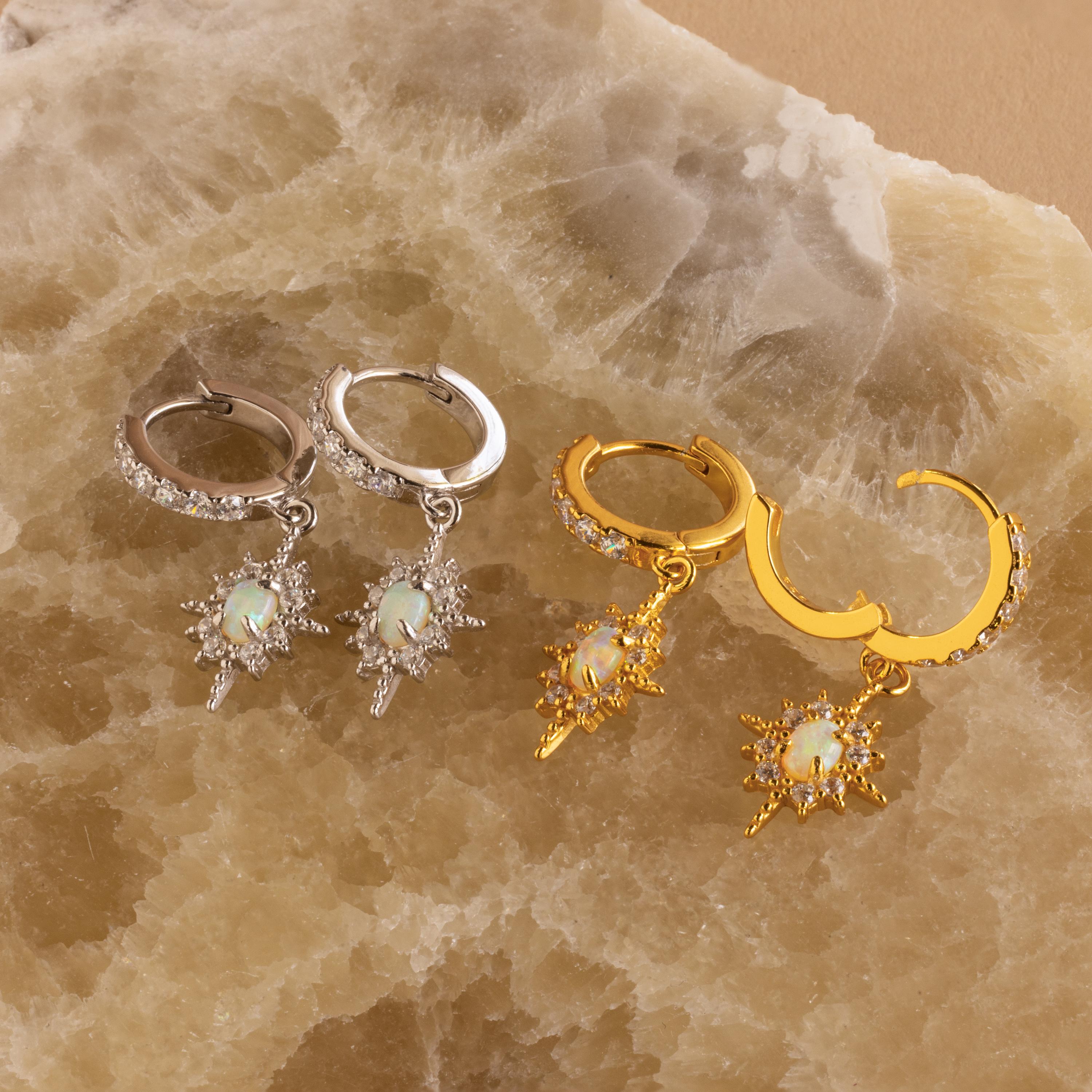 Pave Opal Star Huggies by Caitlyn Minimalist - Dangling Opal & Diamond Starburst Hoop Earrings - Celestial Jewelry - Birthday Gift for Her