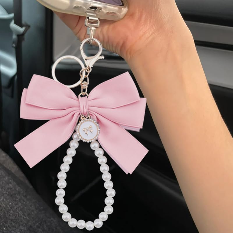 Pearl Bow Keychain, Cute Pink Bowknot & Pearl Keyring Charms, Aesthetic Keychain