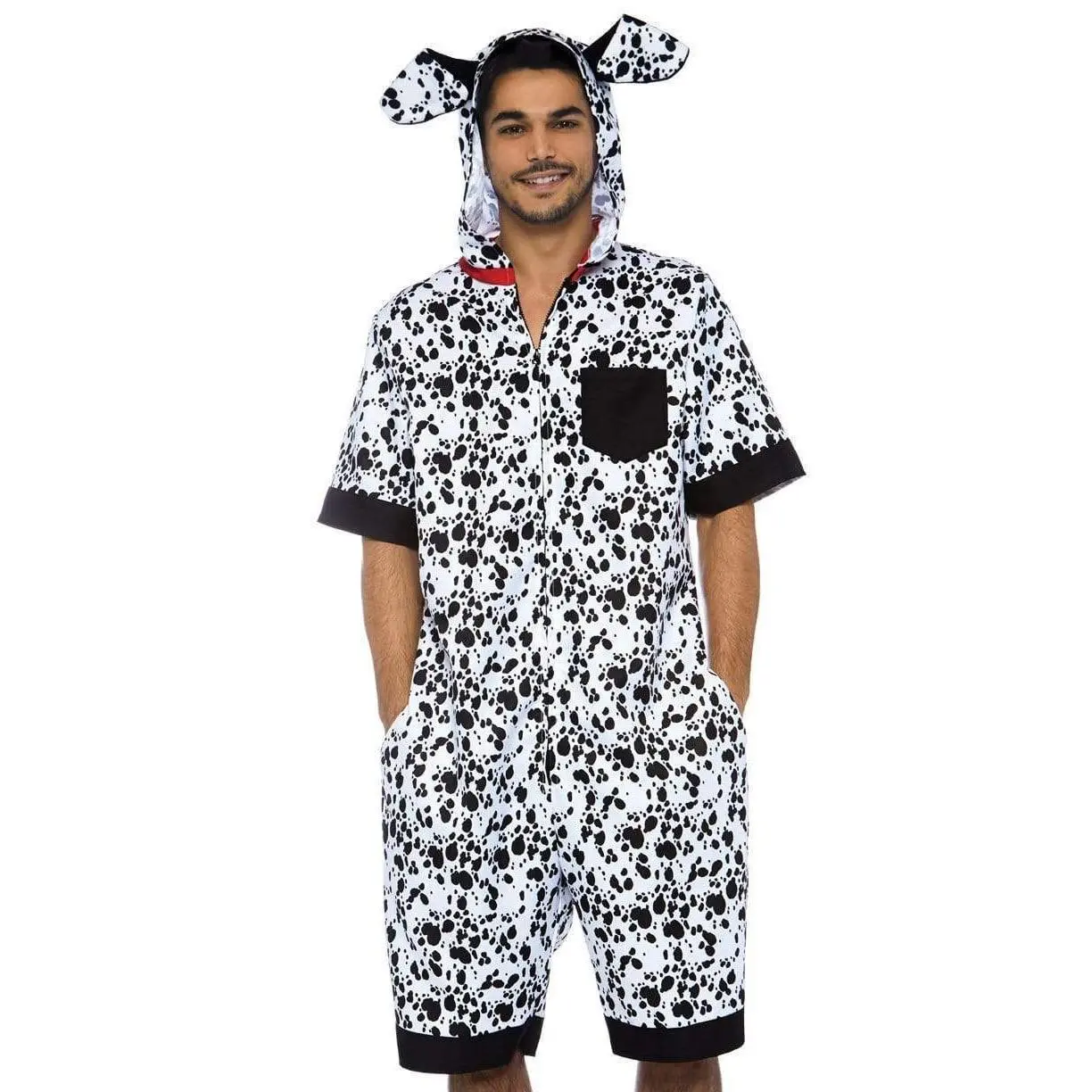 Men's Dalmatian Costume, Funny Fur Print Jumpsuit with Hood, Pockets, and Double Zipper for Halloween Parties, Menswear, Dalmatian Halloween Costume, Clothes, Trick Or Treat, Cosplay Gear, Costume Ideas