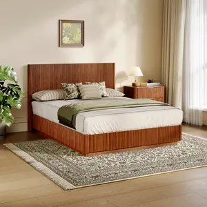 Bellemave Queen Sized LED Bed Frame - Modern Wooden Design with Corrugated Curved Lines and Convex Groove Board, Walnut Bed Frame for Queen, Bed Frames For Queen