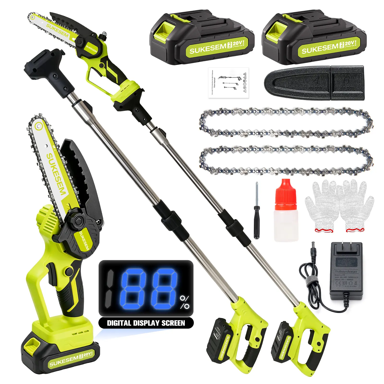 SUKESEM 2-in-1 Cordless High Branch Chainsaw - 6-in Lightweight Garden Saw, Portable Chainsaw with Handheld Grip, Plastic Body, Foldable Design, Rechargeable Battery & Charger for Tree Pruning, Wood Cutting
