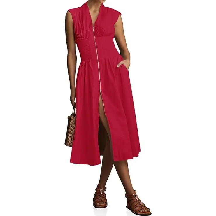 Wenrine Lady's Warmer Elegant Polyester Blend Smocked Midi Dress - Women's Clothes, Casual Wear, Going Out, Zipper Front V-Neck, Cap Sleeves, Sleeveless Option, Side Pockets, High Slit, Lightweight Soft Flowy Fabric