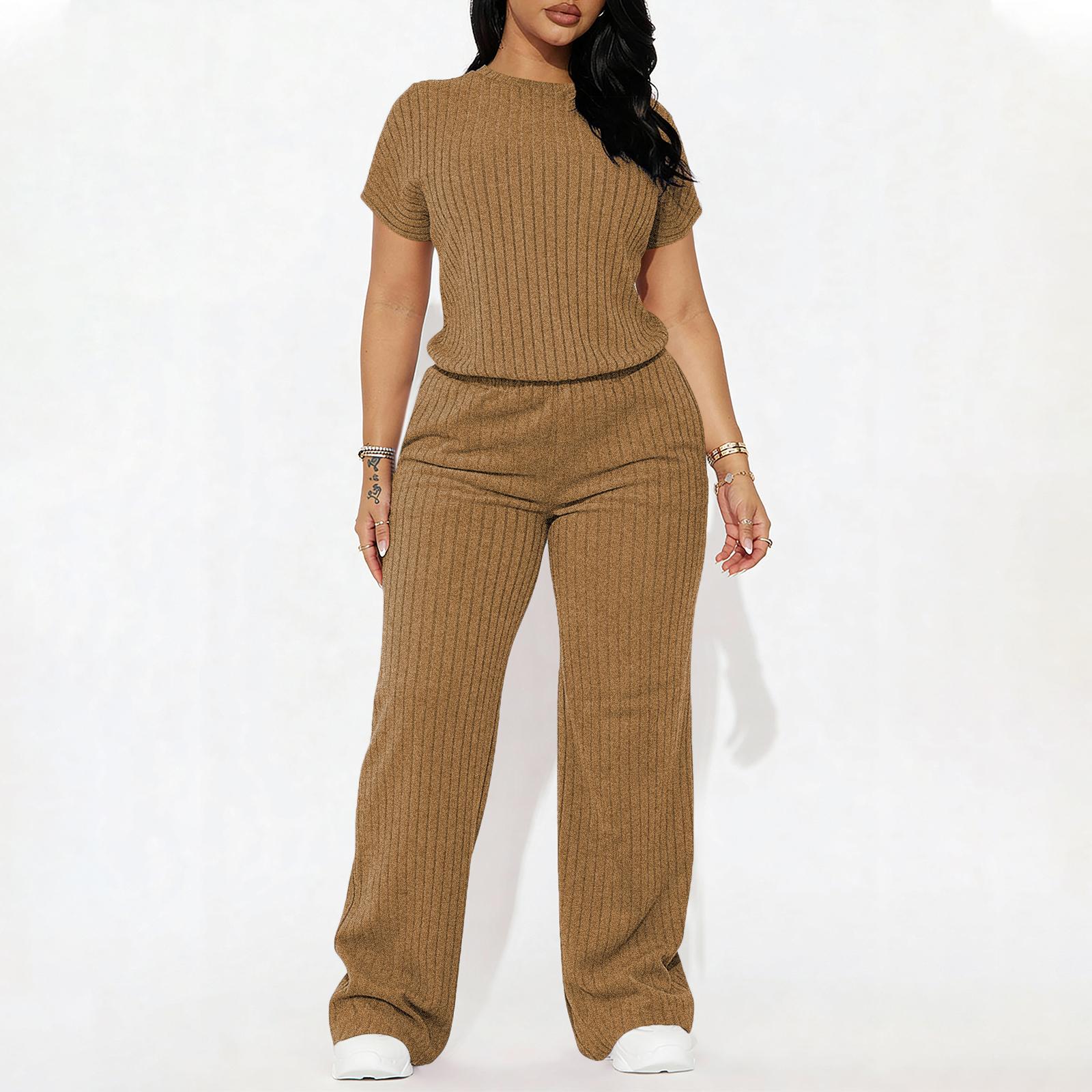 Women's Solid Shortsleeve Crewneck Ribbed Top & Wide Leg Pants Minimalist Casual Fitted Fashion Cozy Top & Trousers for Daily Outdoor Wear Ladies Clothes for Summer Womenswear Yoga Clothes Set Black Batwing Suits Suits Gamis Women's Solid Shortsleeve Crewneck Ribbed Top & Wide Leg Pants Minimalist Casual Fitted Fashion Cozy Top & Trousers for Daily Outdoor Wear Ladies Clothes for Summer Womenswear Yoga Clothes Set Black Batwing Suits Suits Gamis