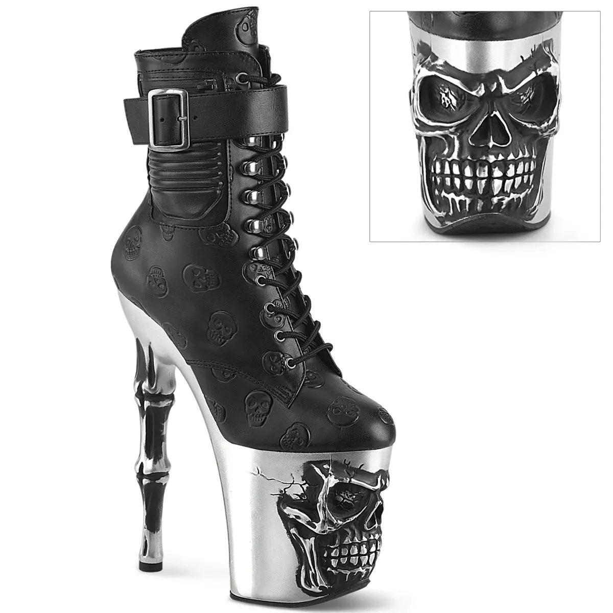 Pleaser Women's Rapture-1020STR-02 Gothic Lace-Up Platform Ankle Boots - 8" Bone Heel, 4" Skull Sculpted Platform, Side Pocket, Black Vegan Leather/Silver, Stylish Statement Footwear