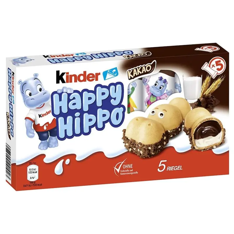 Kinder Happy Hippo Biscuits 103.5g - Fine Milk Chocolate & Cocoa Cream Wafer with Meringue Pieces - No Artificial Colors or Preservatives