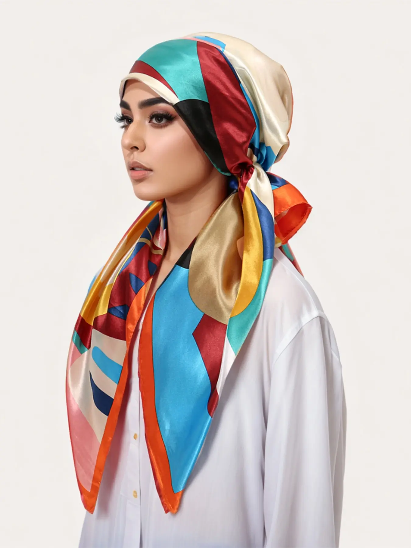 Women's Square Hijab Scarf, Headscarf, Color Block Print Turban, Chemotherapy Sleep Cap, Elastic Head Wrap, Daily Wear, Muslim Accessories
