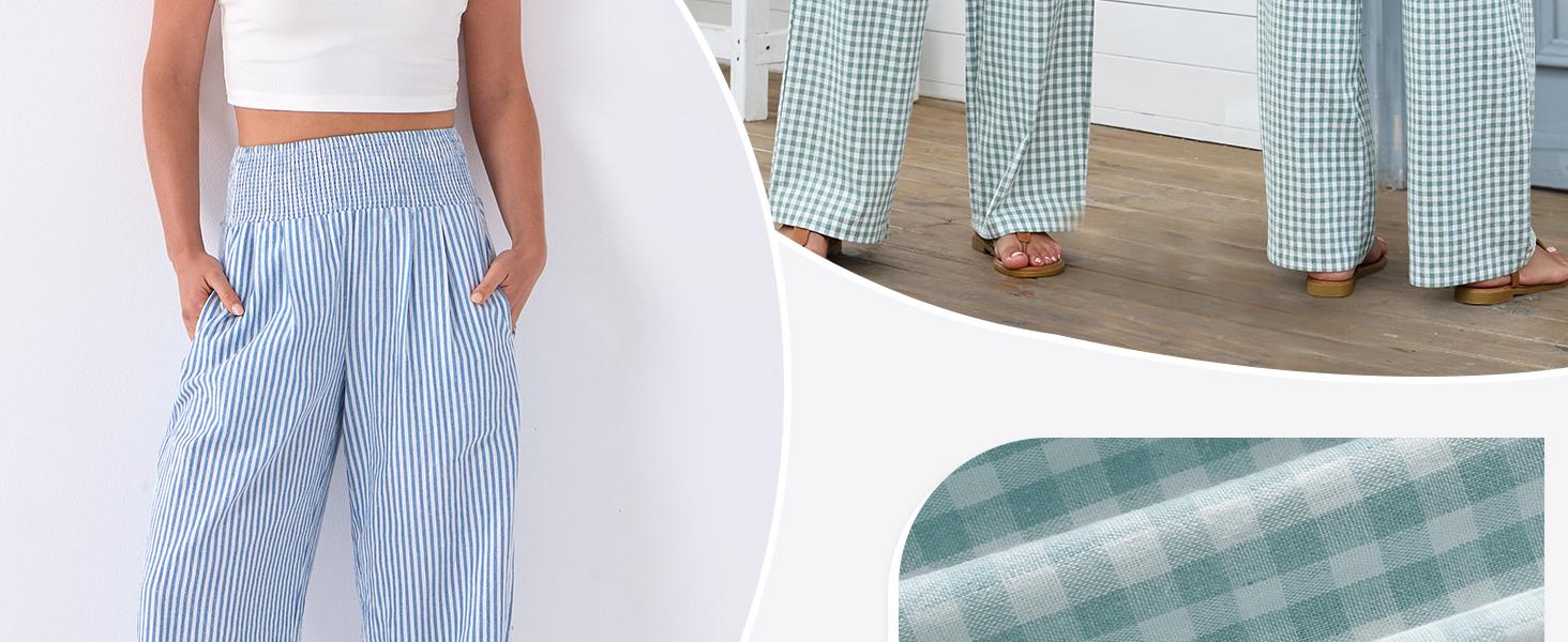 ANRABESS Womens Striped Gingham Palazzo Pants Lightweight Wide Leg High Waisted Lounge Pajama Pants Cute Casual Trousers with Pockets for Comfort SpringStatements