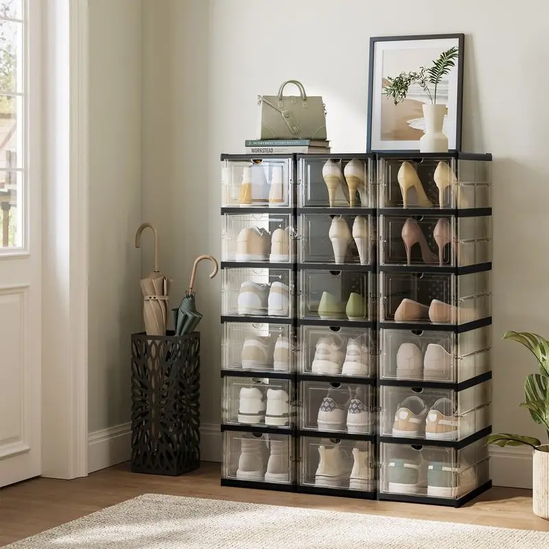 SONGMICS HOME Collapsible Shoe Boxes - Transparent PP Plastic Closet Storage Organizer, Stackable, Foldable Space-Saving, Portable Storage Holders & Racks for US Size 13 Shoe Organization, Stackable Storage