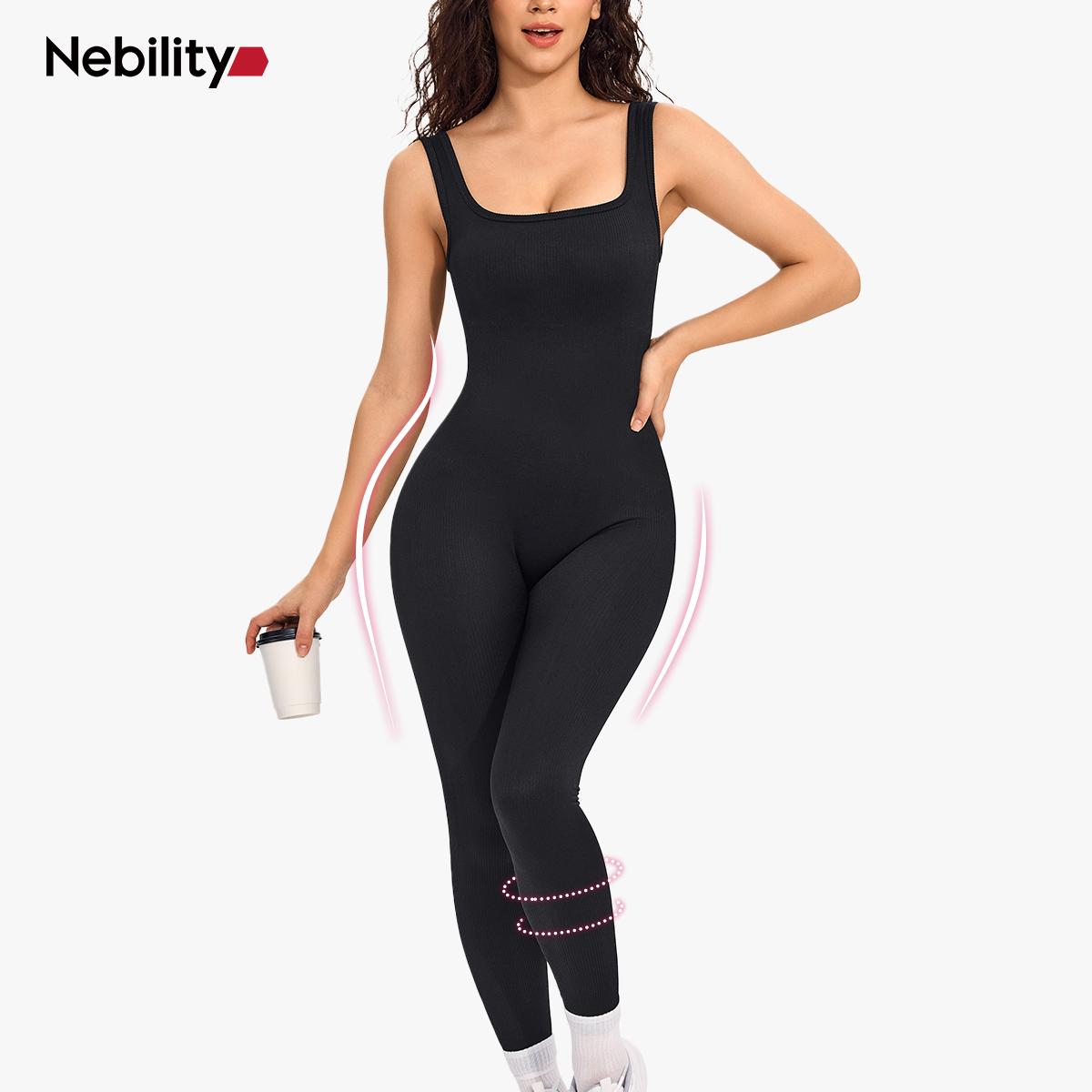 Nebility Women's High Elasticity Breathable Fabric Long Sleeve Yoga Jumpsuits Ribbed Design for Workout Leg Shape Ornament One Piece Activewear Clothing Athletic Training Apparel