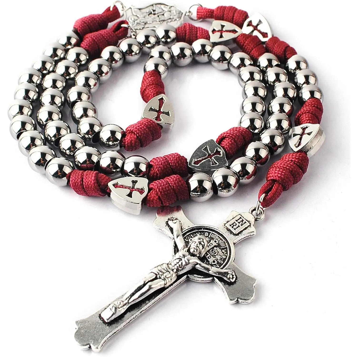 Men's Rugged Beaded Necklace, 10mm Stainless Steel Beads, Heavy Paracord, Cuban Link Chunky Chain Choker, Adjustable Cross Pendant Faith Necklace for Daily Prayer, Rosary, Crucifix Necklaces