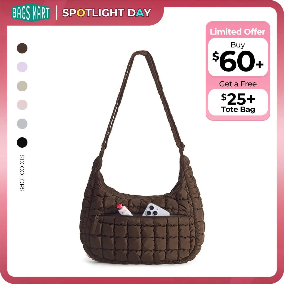 【NEW IN】BAGSMART Crossbody Bags for Women,Quilted Lightweight Shoulder Handbags with Adjustable Strap, Crescent Shoulder Bag, Puffer Purse Shoulder, Easy Clean Hobo Bag for Daily Use Travel Essentials summerwins tiktokshopsummersale tiktokshopbacktoschool