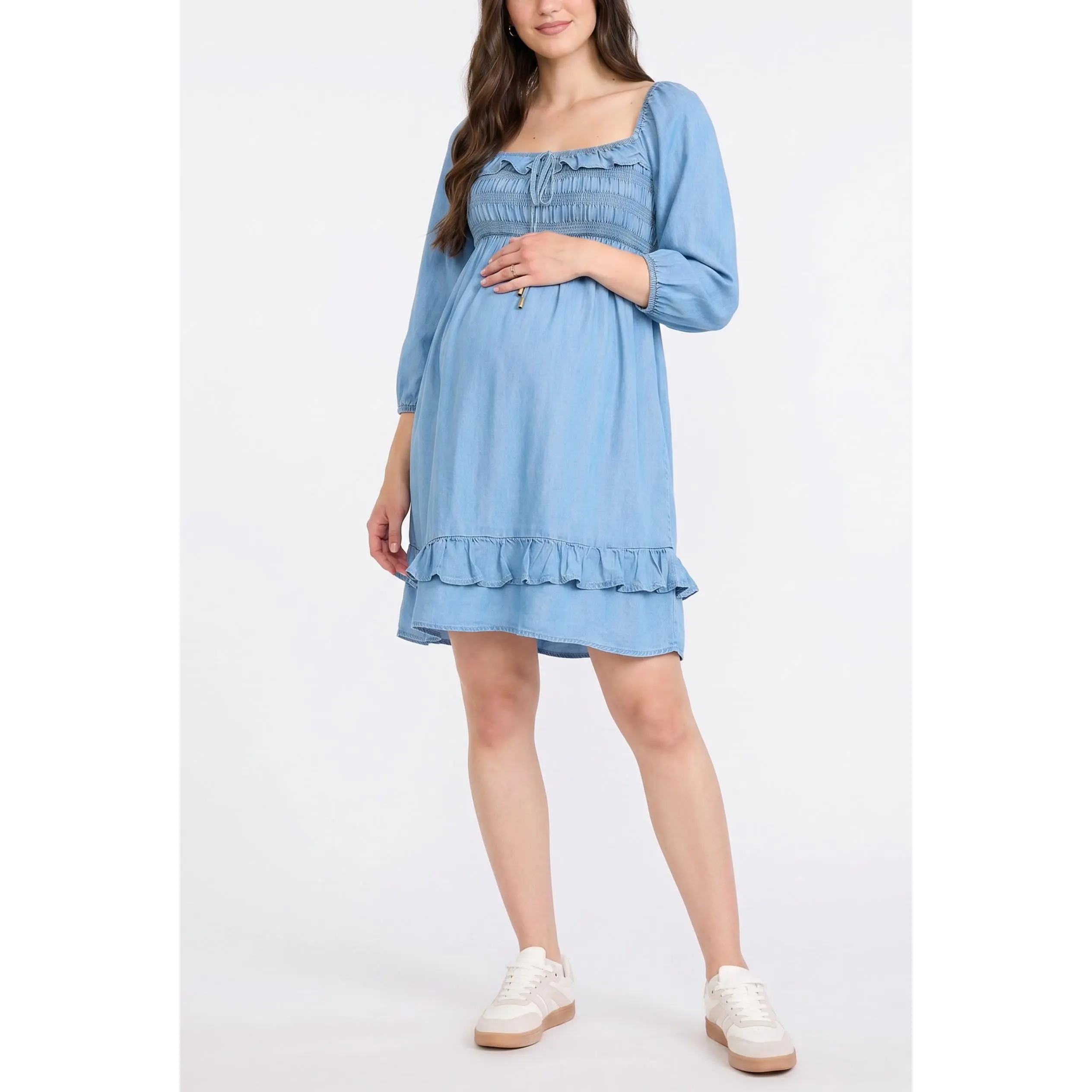 Motherhood Maternity Women's Smocked Babydoll Long Sleeve Mini Maternity Dress - Pregnancy & Postpartum Dress