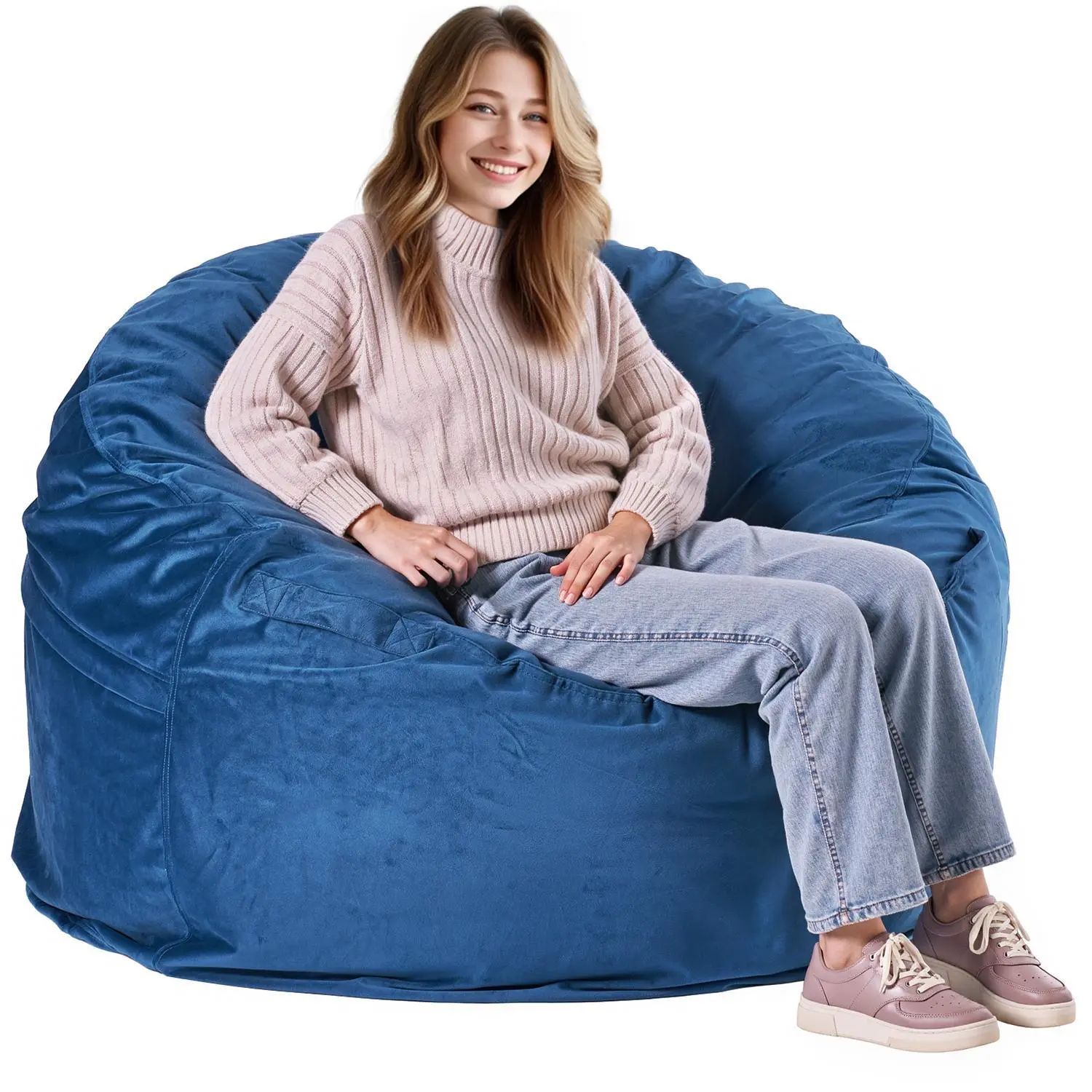 【SummerFinds】VEVOR Bean Bag Chair,  , Round BeanBag Chair with Removable & Washable Cover for Adult, Dutch Velvet & High-Density Foam Filling Adult Bean Bag with Handle and Side Pocket for Living Room, Bedroom, Blue