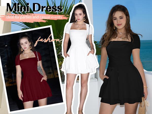 OYS Women's Casual Square Neck Ruffle Hem Mini Dress Short Sleeve Short Party Dresses With Pockets OYS Women's Casual Square Neck Ruffle Hem Mini Dress Short Sleeve Short Party Dresses With Pockets