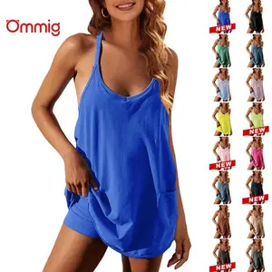Ommig Womens Athletic Sleeveless Mini Dress with Built-in Shorts V Neck Spaghetti Strap Sundress