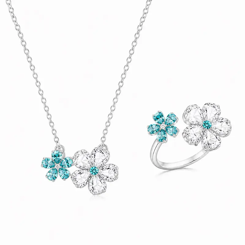 Twin Blossom Necklace & Ring Set 18K White Gold Plated Sparkling Cubic Zirconia Blue Clear Design Adjustable Ring 16in Necklace Daily Wear Gift