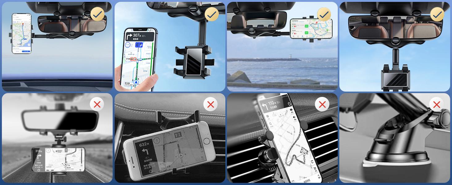 Rearview Mirror Phone Holder for Car, 360° Rotating Rear View Mount with Adjustable Arm Length, Multifunctional and GPS Universal Car All Smartphones