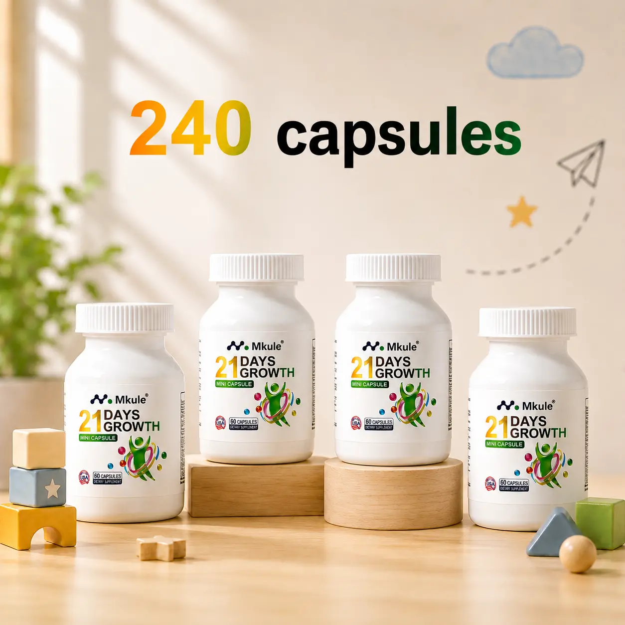 Mkule 21 Days Height Boost Supplement [4 Bottles, 60 Caps/Bottle] - 84 Days Maximizer for Kids, Teens with Calcium, Vitamin D3, K2, Multivitamins, Natural Blend, Third-Party Tested (240 Total Capsules)