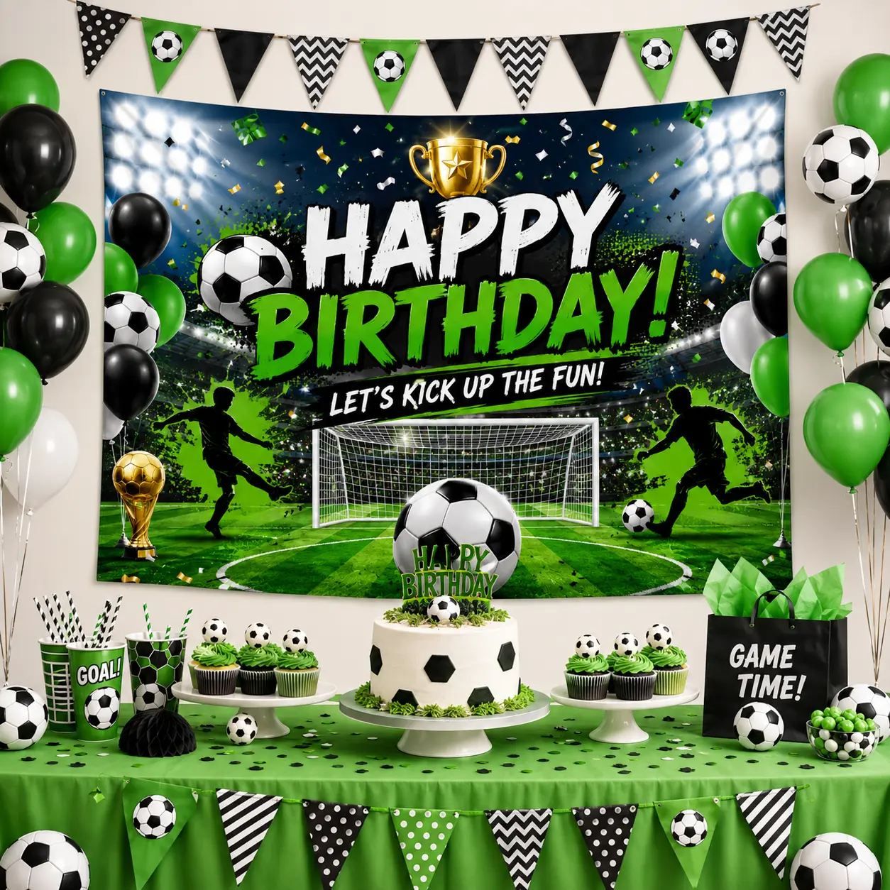 Soccer Birthday Backdrop Tapestry, Soccer Theme Happy Birthday Banner, Football Party Decorations for Boys Girls Kids, Photo Booth Background, Sports Party Supplies