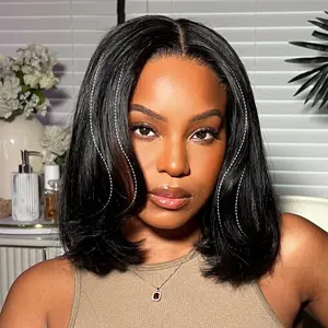 OQ Hair Full 220% Density Wear Go 9x6 Tpart Layered Cut Yaki Straight Bob Wig Reddish Brown Color Ear To Ear Deep Part Lace Glueless Wig Human Hair Pre Bleached Tiny Knots With Drawstring