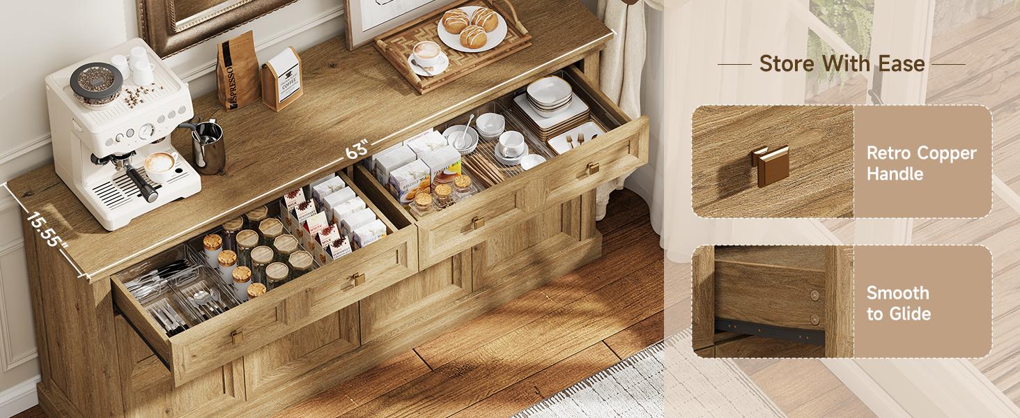【SPOTLIGHT DAY】ONBRILL 63 Inch Buffet Cabinet with Storage Large Sideboard Credenza with Drawers 4 Doors Storage Sideboards Accent Kitchen Coffee Bar Cabinets for Living Room Entryway