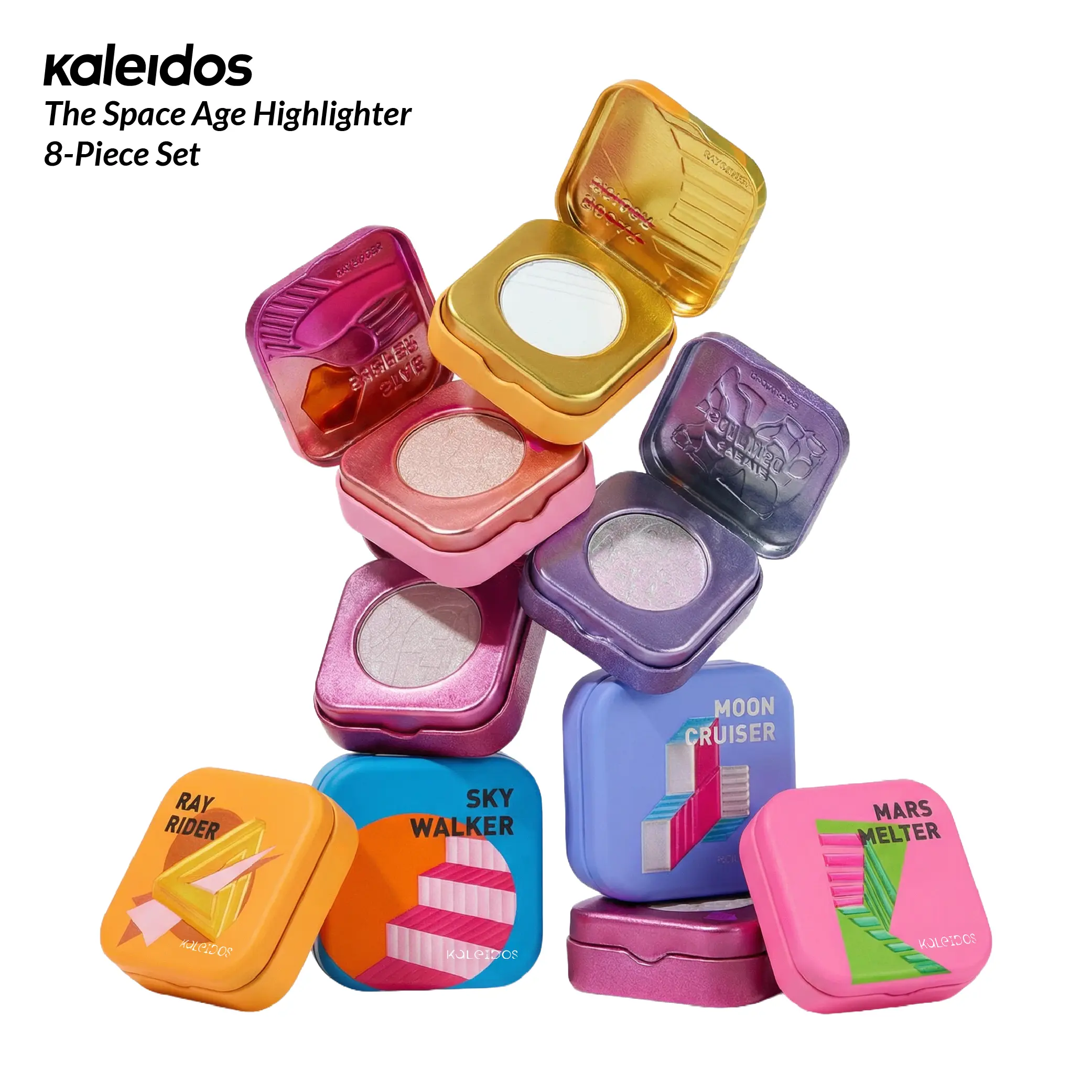 Kaleidos The Space Age Highlighter 8-Piece Set - Smooth, Brush-Compatible, Color-Shifting, Natural Glow, Multichrome, Translucent, Glitter Highlighter, Radiance, Multi Dimensional Shimmer, Rave Makeup Gift, Pressed Shimmer Highlighter