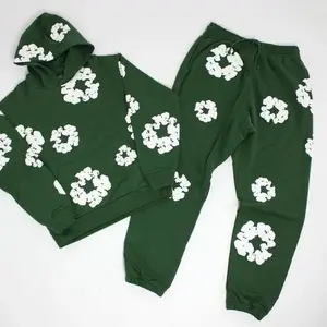 Valentine's Day Kapok Flower Design Explosive Fashion Trend Foam Printed Hoodie & Long Pants Set for Couples Comfortable Casual Outfit Medium Size