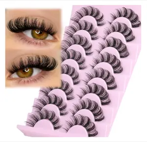 Yawamica Russian Lashes Clear Band False Eyelashes Natural Wispy Fake Lashes D Curl Strip Lashes Faux Mink Eyelashes Criss-Cross Design Lash Strips 8 Pairs Pack