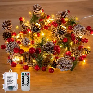 Christmas Pine Lighted Garland Decor, 9.8 Ft 60 LEDs Red Berry Pine Cone Battery Operated Christmas Garland Lights with 8 Modes, Remote Control for Mantle Fireplace Stairs Xmas Tree Indoor Decor
