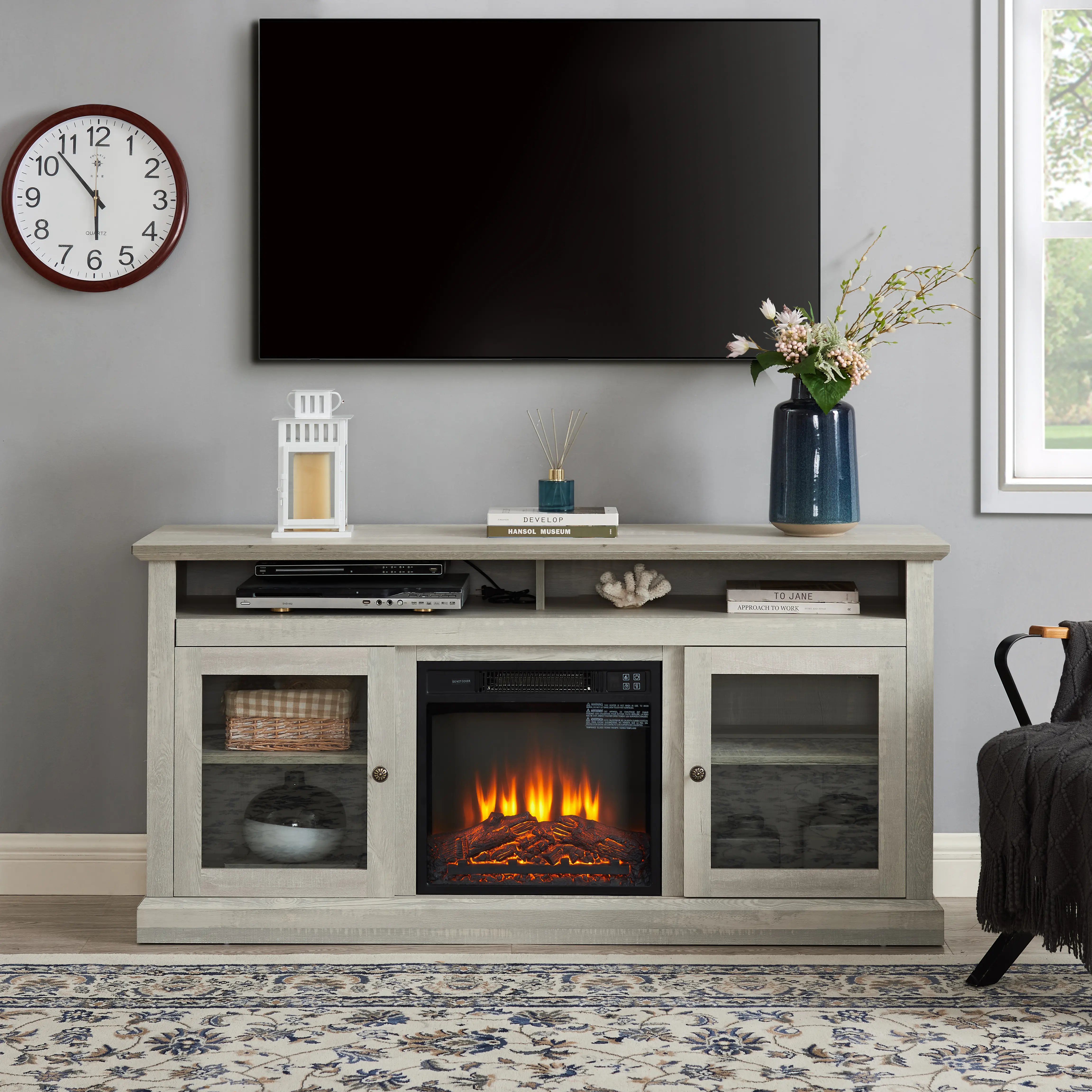 Contemporary TV Media Stand Modern Entertainment Console with 18" Fireplace Insert for TV Up to 65" with Open and Closed Storage Space, 60"W*15.75"D*29"H Tv Console Cabinet Tv Console Table