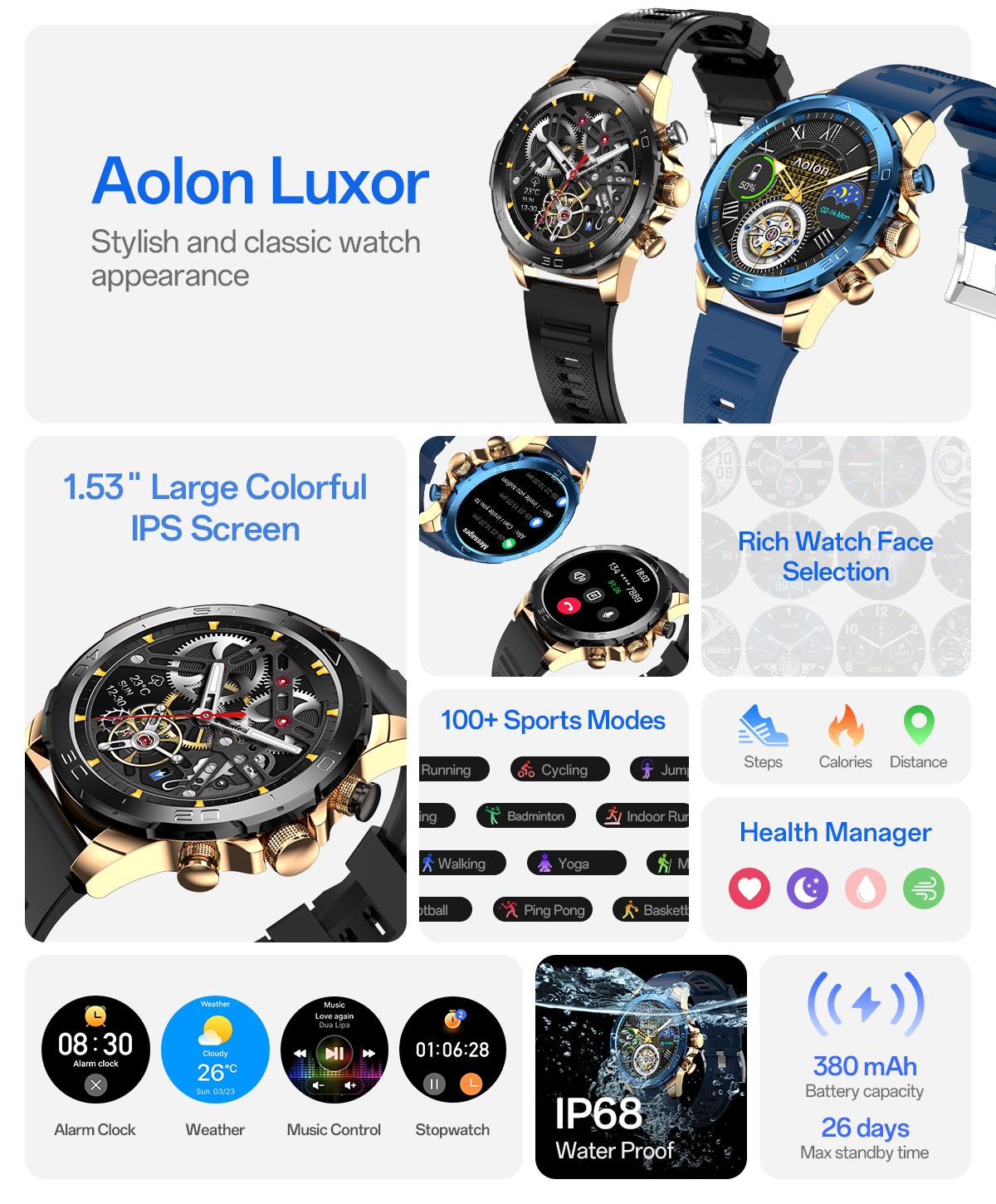 【GOLD-PLATED & FULL METAL BODY】Aolon Luxor Smart Business Watch, IP68 waterproof, with running speed tracking, DIY health monitoring, outdoor sports features, 128MB memory, and up to 26 days standby.