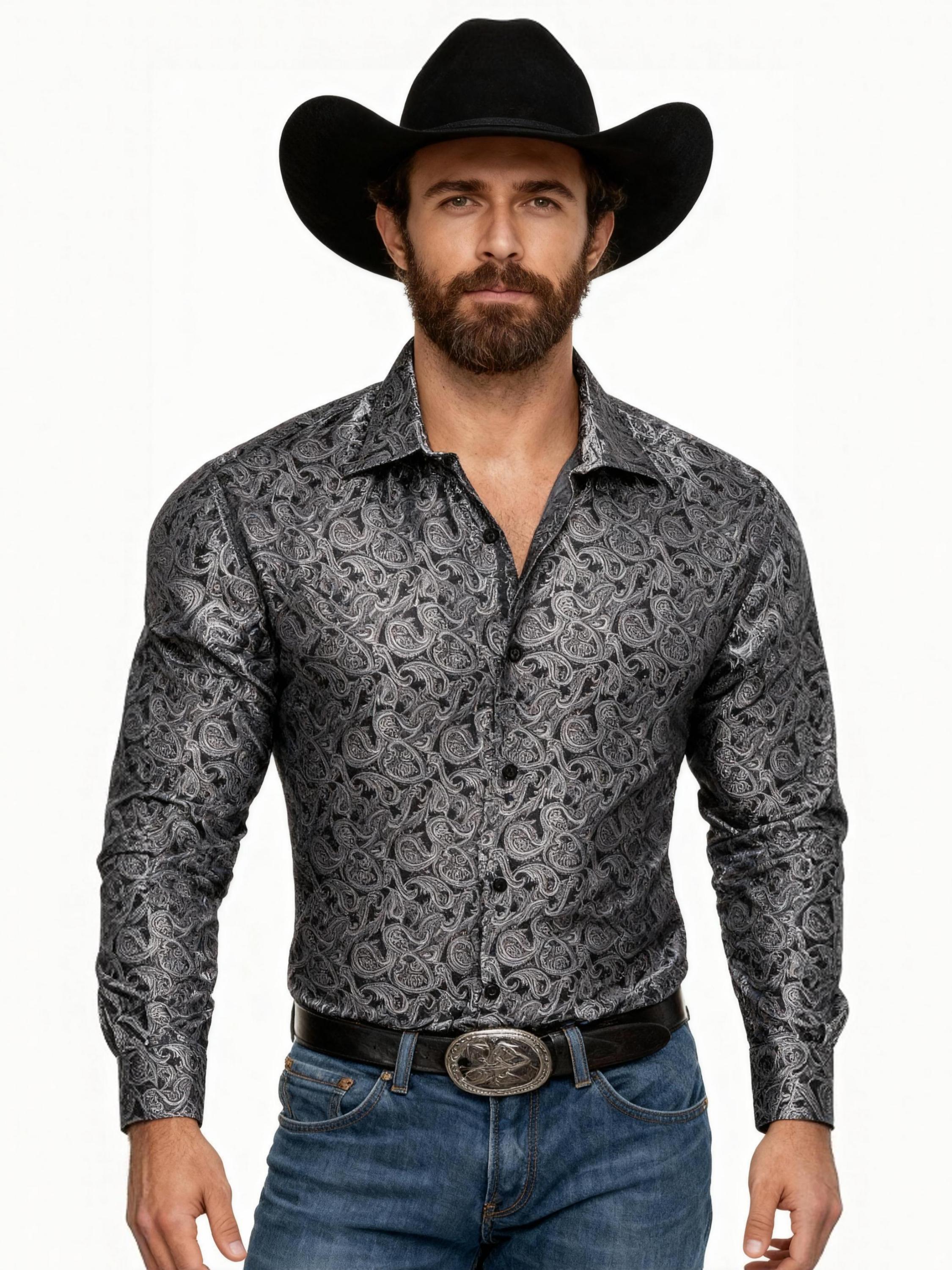 AILISUS Men's Floral Button Down Shirt Jacquard Black Gray Regular Fit Long Sleeve Shirts Wrinkle Free Classic Men Clothes Summer Daily Casual Menswear SpringStatements