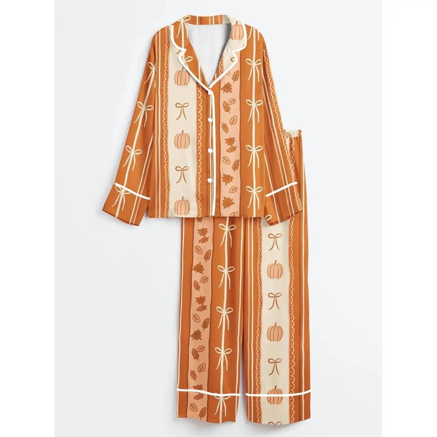 Autumn Cozy Pajama Set: Women's Long Sleeve Button-Up Top, Leggings & Wide-Leg Pants with Pumpkin & Bow Patterns, White Accents