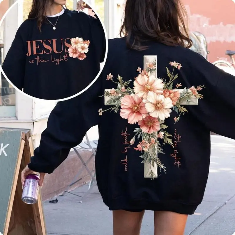 180g【100%cotton】Jesus is the Light Floral Christian Shirt Motivational Quotes sweatshirt Bible Verse Floral Religious His Grace is Enough Religious Shirt, Bible Verses, Religion T