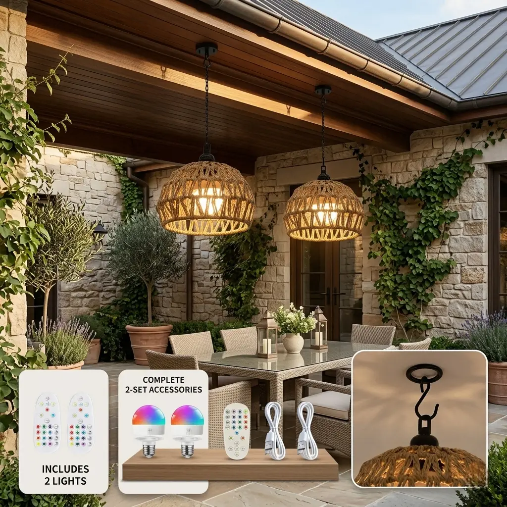 2-Pack Boho Jute Rattan Linen Weave Pendant Lights - 30W Rechargeable RGB Bulbs, Remote Dimmer, Adjustable Lighting Modes, Set Pack for Home Decor, Kitchen Islands, Gazebos