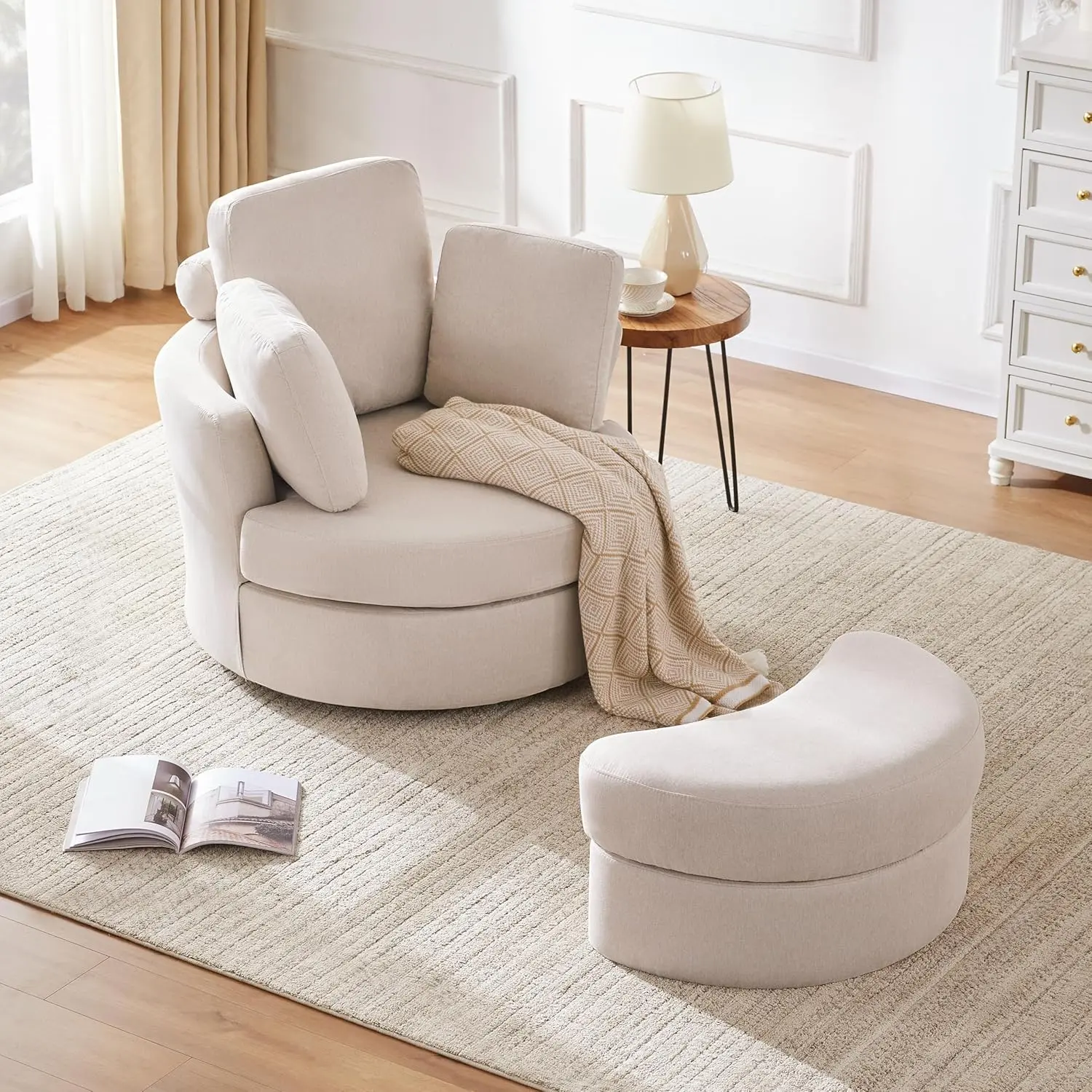 【2 Packages Shipping】39” Swivel Accent Barrel Chairs with Removable Headrest, Chaise Lounge Indoor with Neck Support Pillow, Swivel Chairs for Living Room, Oversized Chair with Ottoman