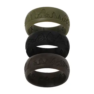 Silicone Rings for Men: 3-Pack Mountain and Tree Pattern Wedding Band 8.5mm Comfortable Rubber Sport Ring Set for Daily Wear Gym Work Travel Handmade Jewelry