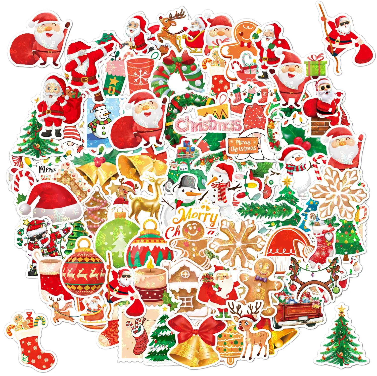 50/100PCS Christmas Holographic Vinyl Waterproof Laser Stickers Kit, Reindeer/Snowman/Santa Claus Designs for Holiday Gift Wrapping, DIY Craft & Scrapbooking (Toys & Hobbies)