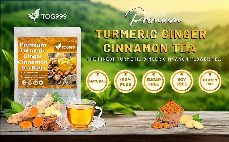 【FreshDrinkUS】 Turmeric Ginger Cinnamon Tea 100% Natural, Anti-Inflammatea. Eco-conscious Tea Bags. Turmeric Ginger Herbal Tea. No Sugar, No Caffeine, No Gluten, Vegan, Eco-Conscious Tea Bags