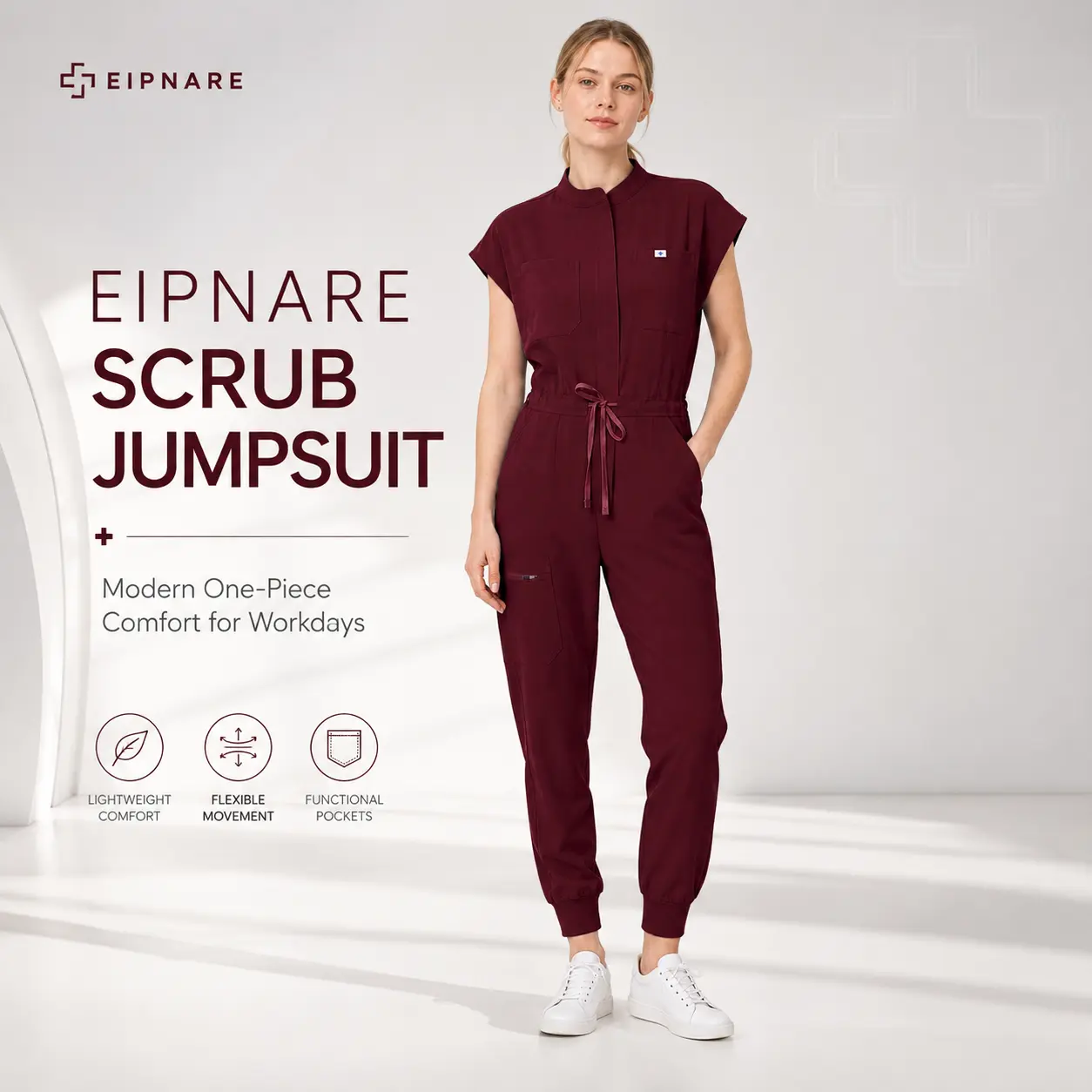 EIPNARE Women's Scrub Jumpsuit, One-Piece Medical Workwear with 7 Pockets, Mandarin Collar, Short Sleeves, Adjustable Drawstring Waist, Cargo Jogger Style