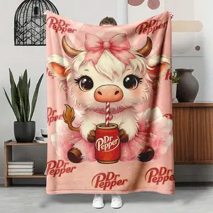 Dr Pepper Cartoon Cute Pink Bow Highland Cow Pattern Blanket Soft Warm Throw for Home Office Travel Camping Gifts Cozy Lightweight High-Density Flannel