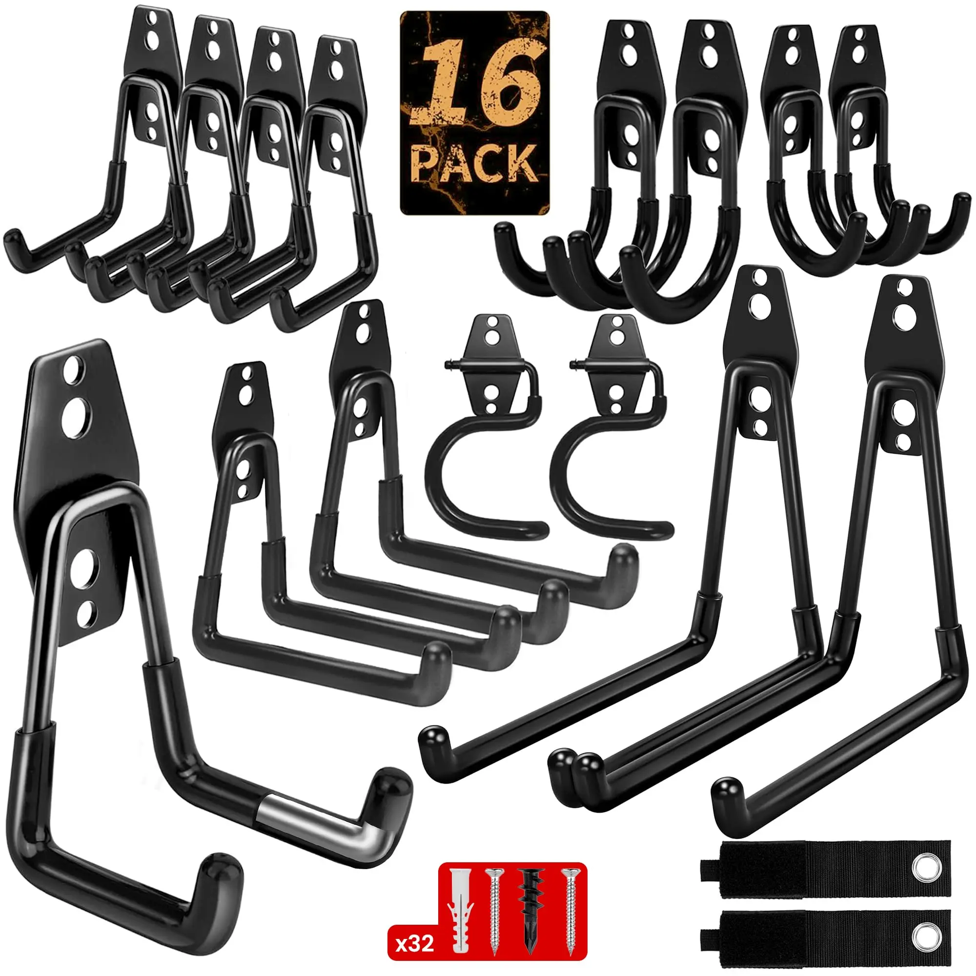 Durable Steel Home Storage Hooks, 16-Pack Heavy-Duty Wall-Mount Hooks with Anti-Slip Coating, Easy Installation to Organize Bike, Ladder, Garden Tools in Barn, Shop (Hanging Organizer)