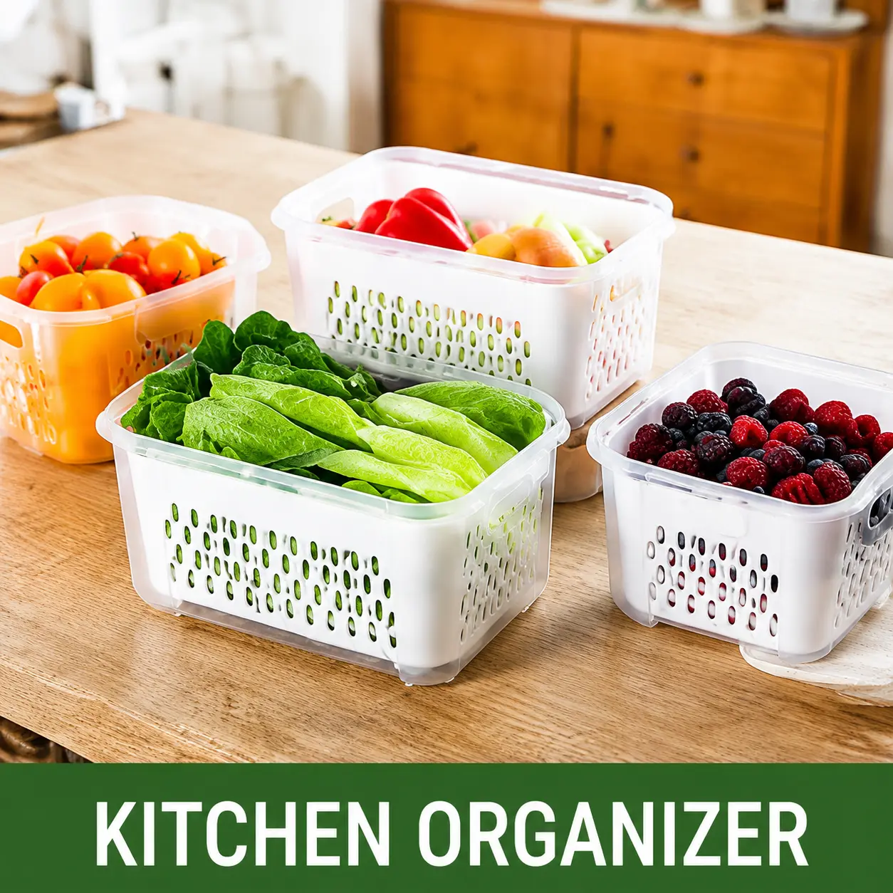 3-Piece BPA-Free Fridge Fruit & Vegetable Storage Boxes with Drain Baskets - Interlocking Stackable Lidded Bins, Compact Fit, Storage Organization Solution for Kitchen Everyday Use, Stackable Storage Bins, Storage Bins With Lids