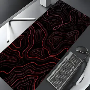 Neon Abstract Red Geographical Contour Lines Large Gaming Desk Mat, Aesthetic Desktop Drotection Pad,Washable Rubber Pad Non-Slip Lock Edge Multi-Size Desk Mat Suitable For Home Office,Good Gift for Family and friends,Desk  Poccessories