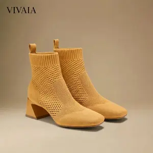 VIVAlA Women’s Perforated Square-Toe Heeled Boots – Breathable Recycled-Knit Uppers, Natural Herbal Cushion Insole & Anti-Slip Block Heel Chic Versatile (Melissa)