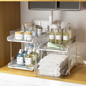 UFORU Two-Tier Multifunctional Under-Cabinet Bathroom Storage Rack, Stackable Kitchen Organizer System with Adjustable Dividers & Pull-Out Medicine Box for Efficient Bathroom Supplies Storage