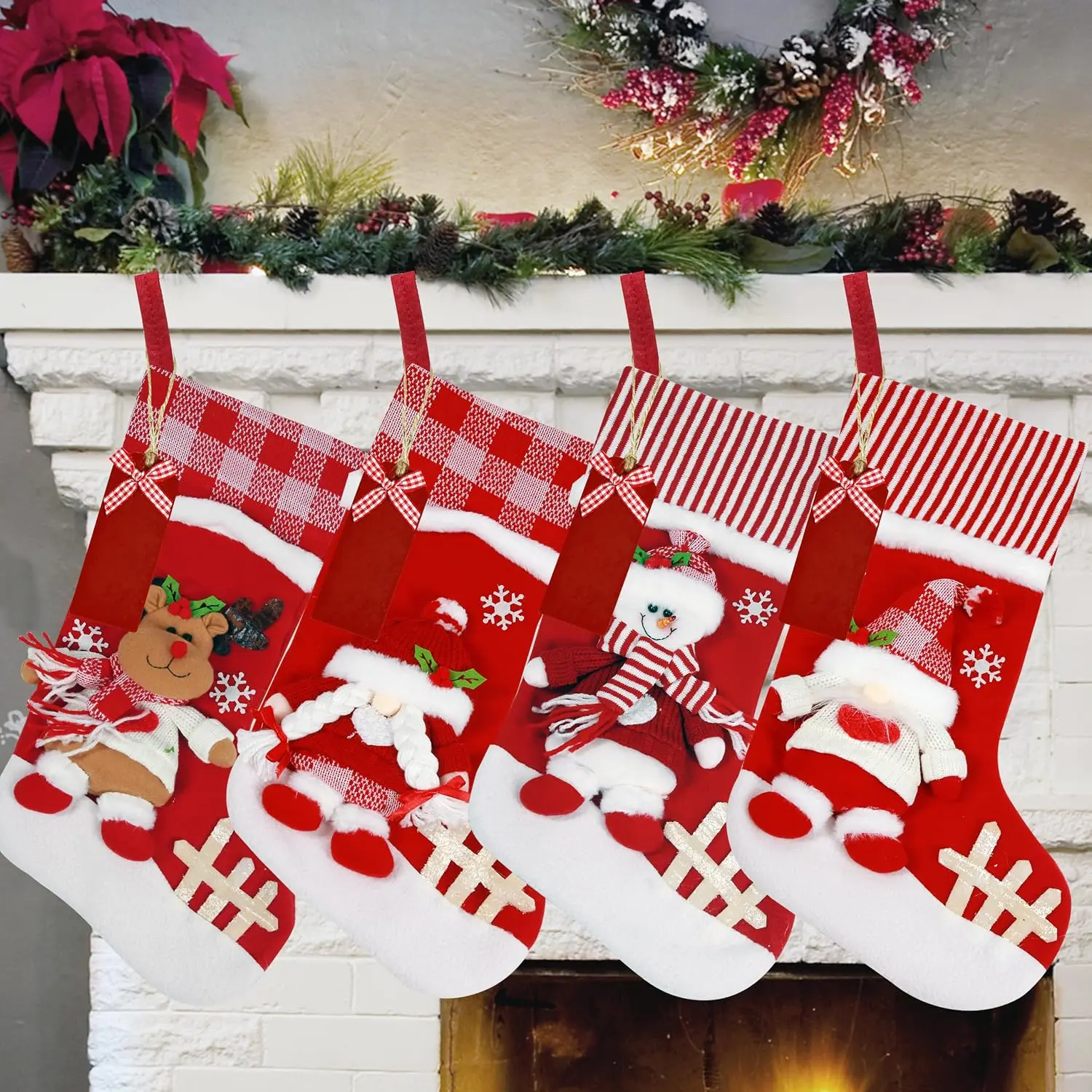 4 PCS 17.8" Christmas Stocking Classic Large Stockings Decoration | Large Christmas Stockings with Santa, Snowman & Personalized Name Tag for Family Holiday Xmas Party Decorations