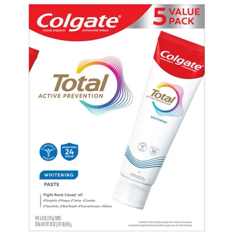 Colgate Total Whitening Toothpaste 6 oz Each 5 Packs Active Prevention Antibacterial 24 Hour Fight Root Cause Sensitivity Mint Flavor